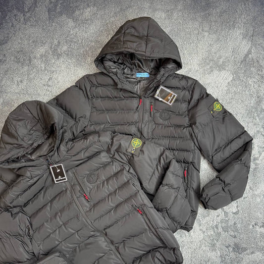 Stone Island Scotch And Soda Puffer Down Jacket With Attached Hood Mens in Black Best Sale UK Reps AAA Quality