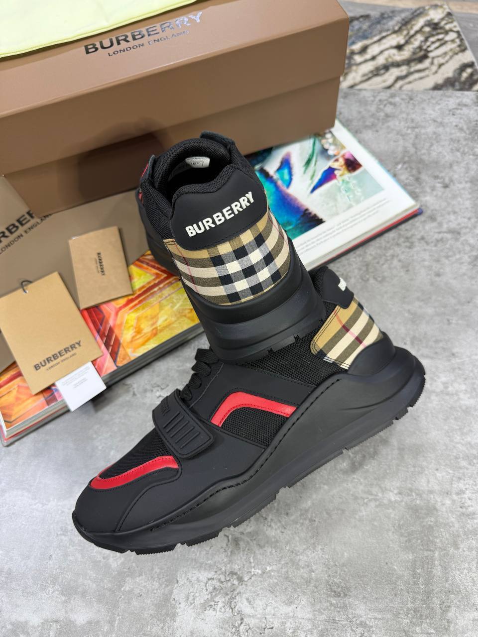 Burberry Ramsey Vintage Check, Suede and Leather Trainers Mens in Black/Red Color Best Sale UK Reps AAA Quality