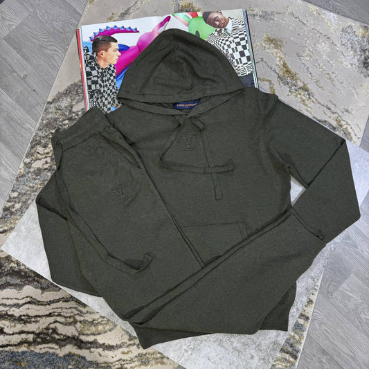 Louis Vuitton Logo Hooded Solid Tracksuit Mens in 2 Colors Best Sale UK Reps AAA Quality