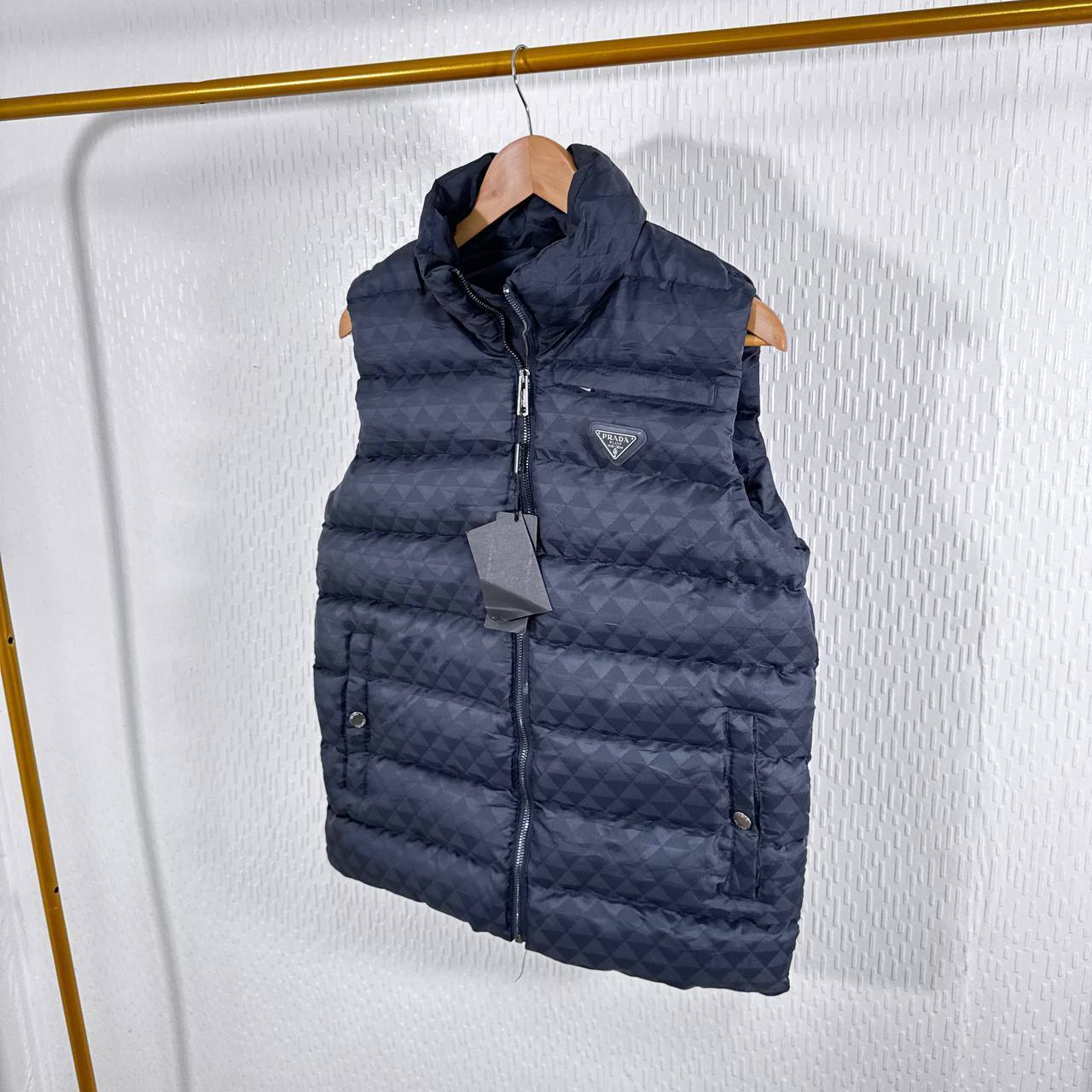 Prada Triangle Logo Padded Pocket Button Mens Gilets in 2 Colors Best Sale UK Reps AAA Quality