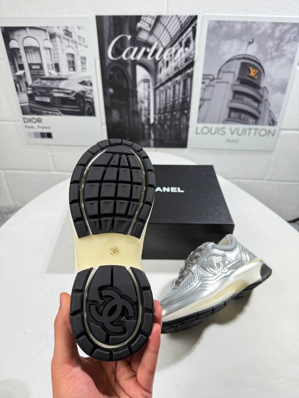 Chanel Gray Silver Metallic CC Logo Lace Up Flat Runner Womens Trainers Best Sale UK Reps AAA Quality