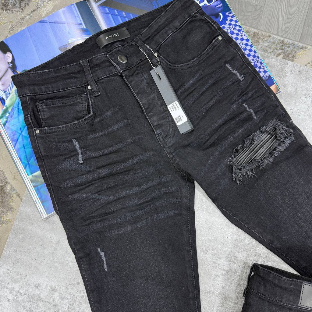 Amiri Thrasher Embellish Distressed Skinny Jeans Patch Multiple Waist Sizes Mens in Black Color Best Sale UK Reps AAA Quality