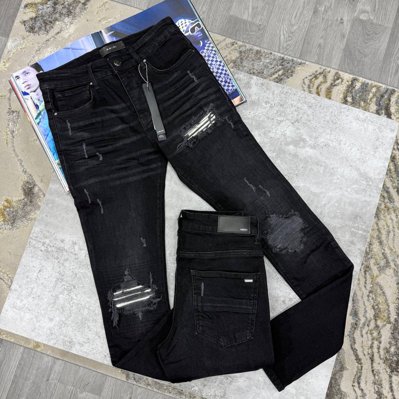 Amiri Distressed White Patch Denim Skinny Jeans Multiple Waist Sizes Mens in Black Color Best Sale UK Reps AAA Quality