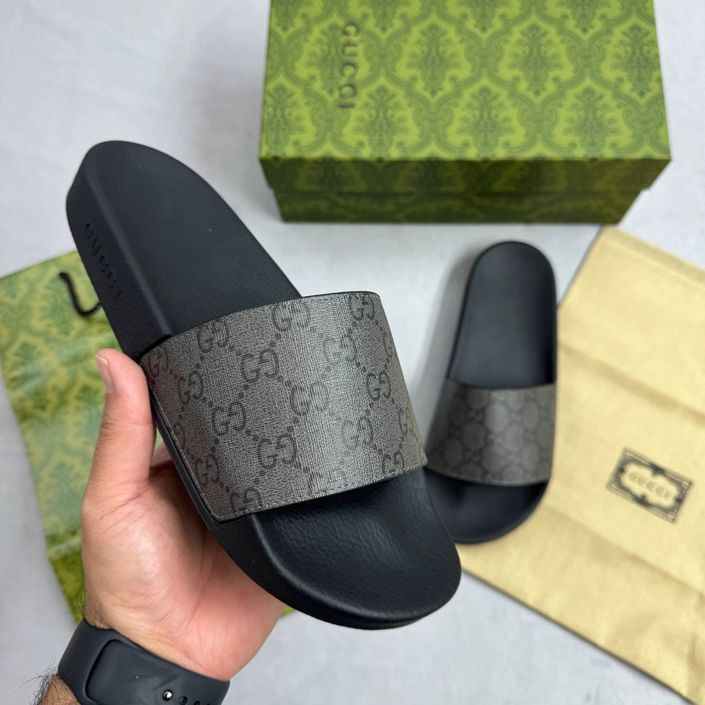 Gucci GG Slides Grey / Black Coated Canvas Mens UK Reps AAA Quality