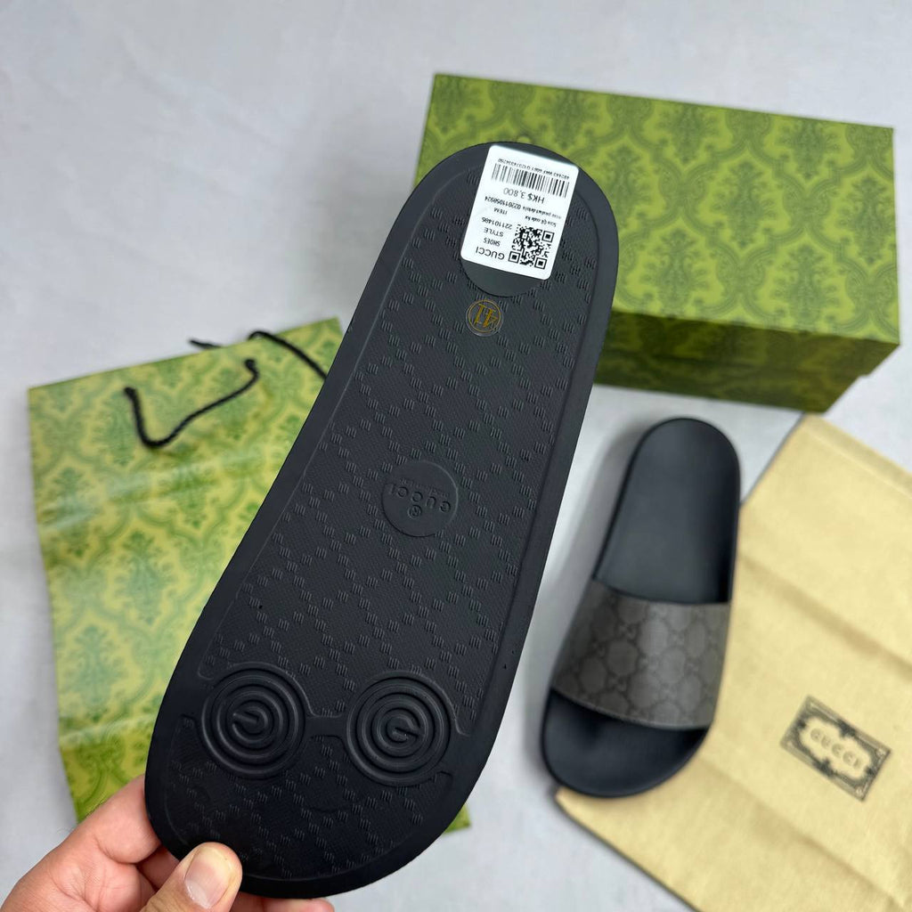 Gucci GG Slides Grey / Black Coated Canvas Mens UK Reps AAA Quality