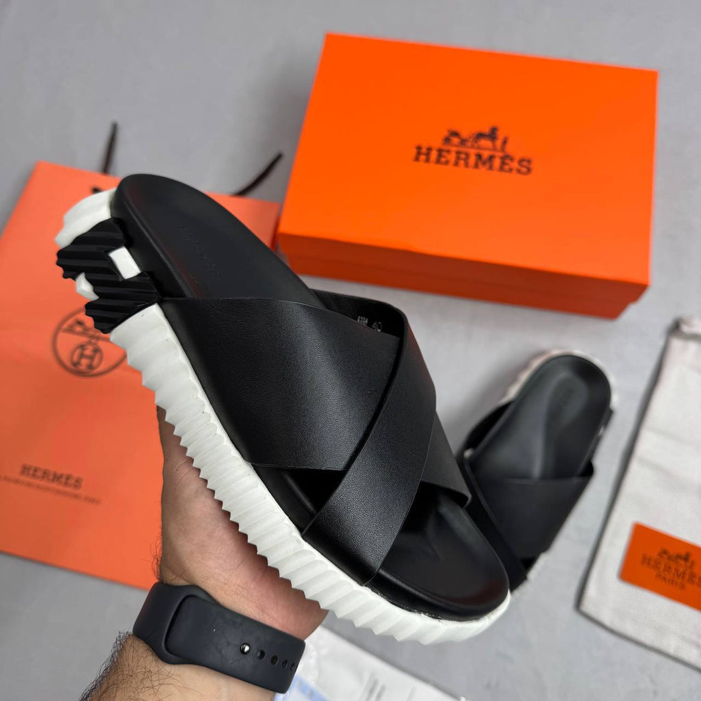 Hermes Infra Calfskin Sliders Black Mens Best Sale UK Reps