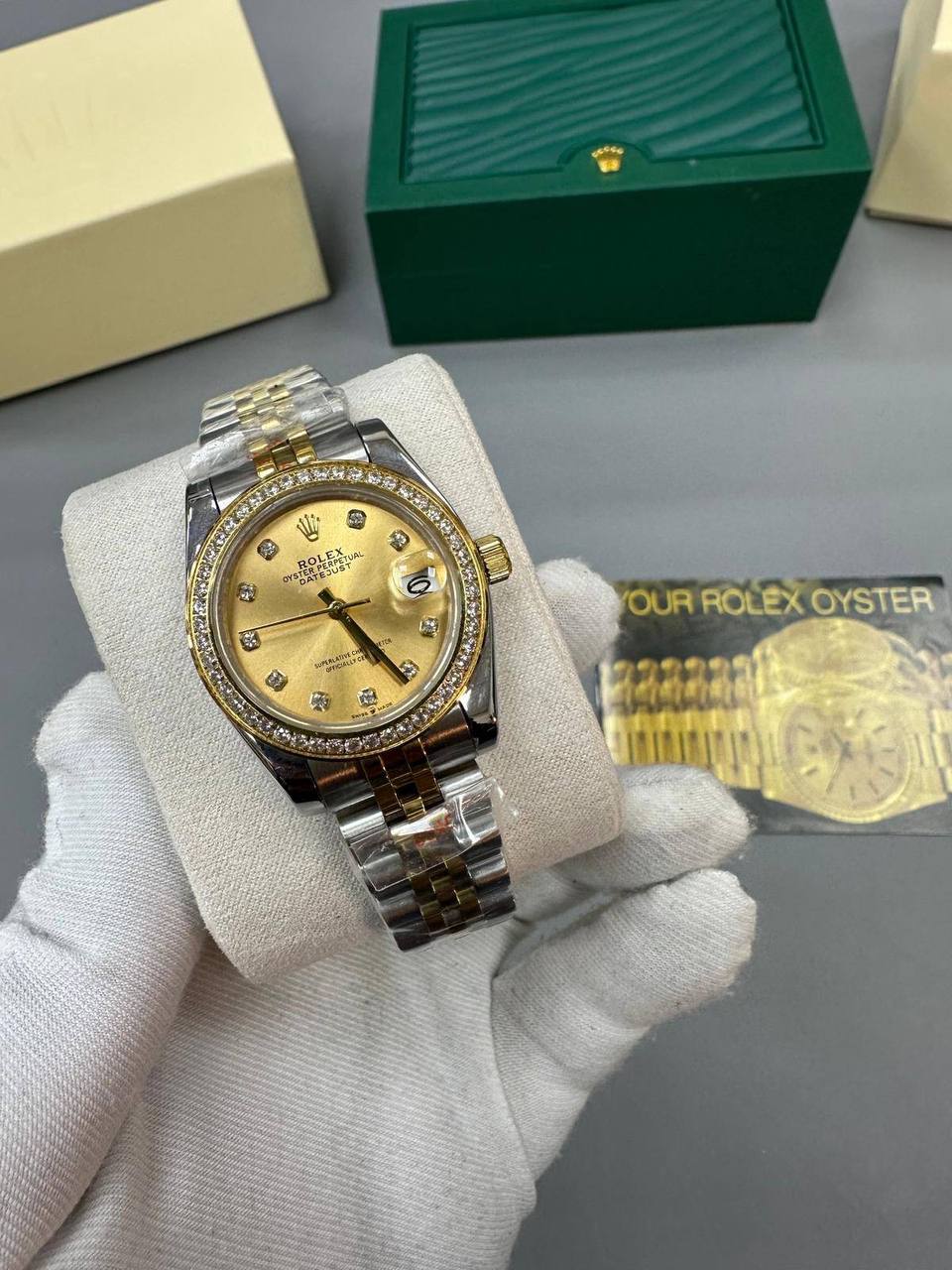 Rolex Lady Datejust Diamond Golden Dial Silver Band Watch Womens UK Reps AAA Quality
