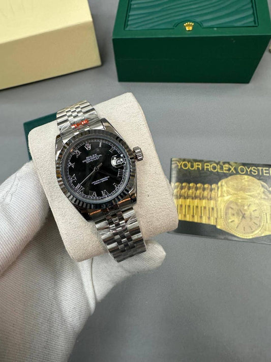 Rolex Lady Datejust Black Dial Fluted Silver Band Watch Womens UK Reps AAA Quality