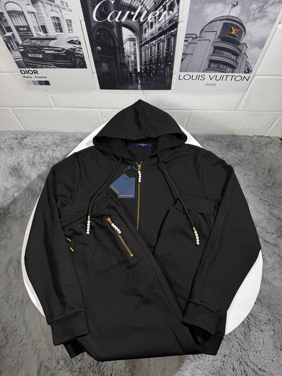 Louis Vuitton Crystal Embroidered Zipped Jersey Tracksuit Mens in Black Color Best Sale UK Reps AAA Quality