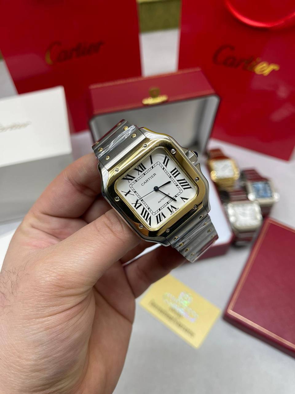 Cartier Santos Two Tone Yellow Gold White Dial Square Mens Watch UK Reps AAA Quality