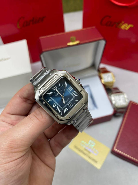 Cartier Santos Silver Steel Strap Blue Dial Square Watch Men's UK Replica AAA Quality