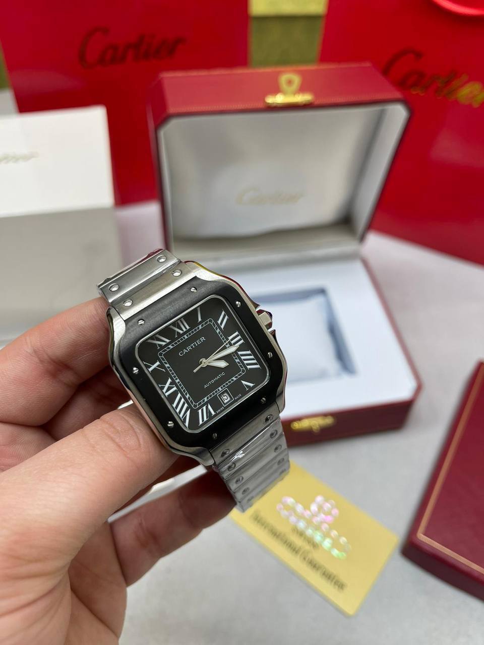 Cartier Santos Silver Chain Strap Black Dial Square Watch Men's UK Replica AAA Quality