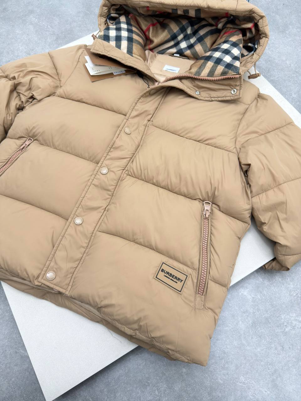 Burberry Puffer Down Check Jacket in Beige Color Mens Best Sale UK Reps AAA Quality