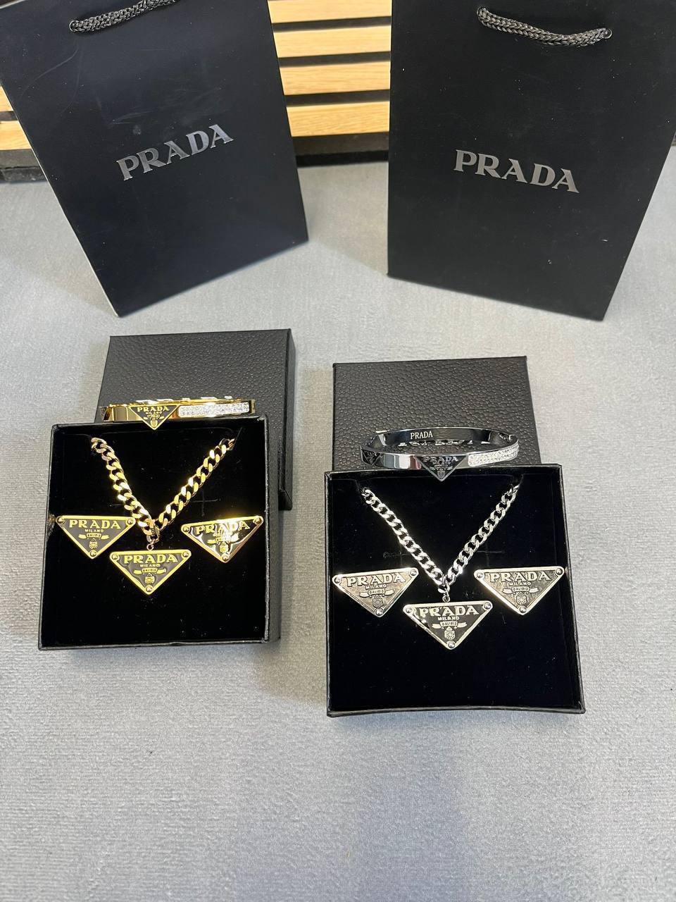 Prada Authentic Black Triangle Logo Fashion Necklaces & Earrings & Bracelets Sets Womens in 2 Color Best Sale UK Reps