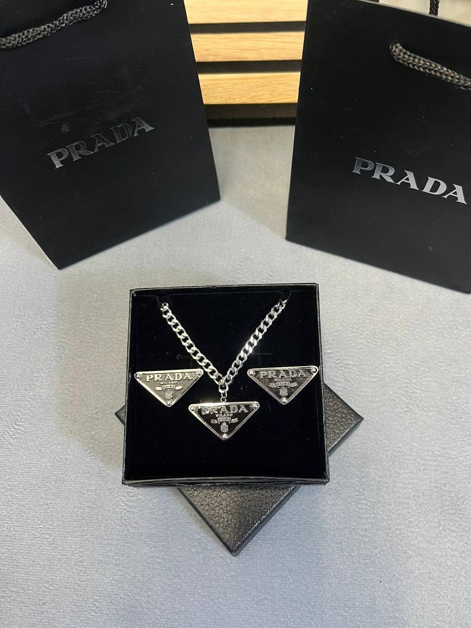 Prada Authentic Black Triangle Logo Fashion Necklaces & Earrings & Bracelets Sets Womens in 2 Color Best Sale UK Reps