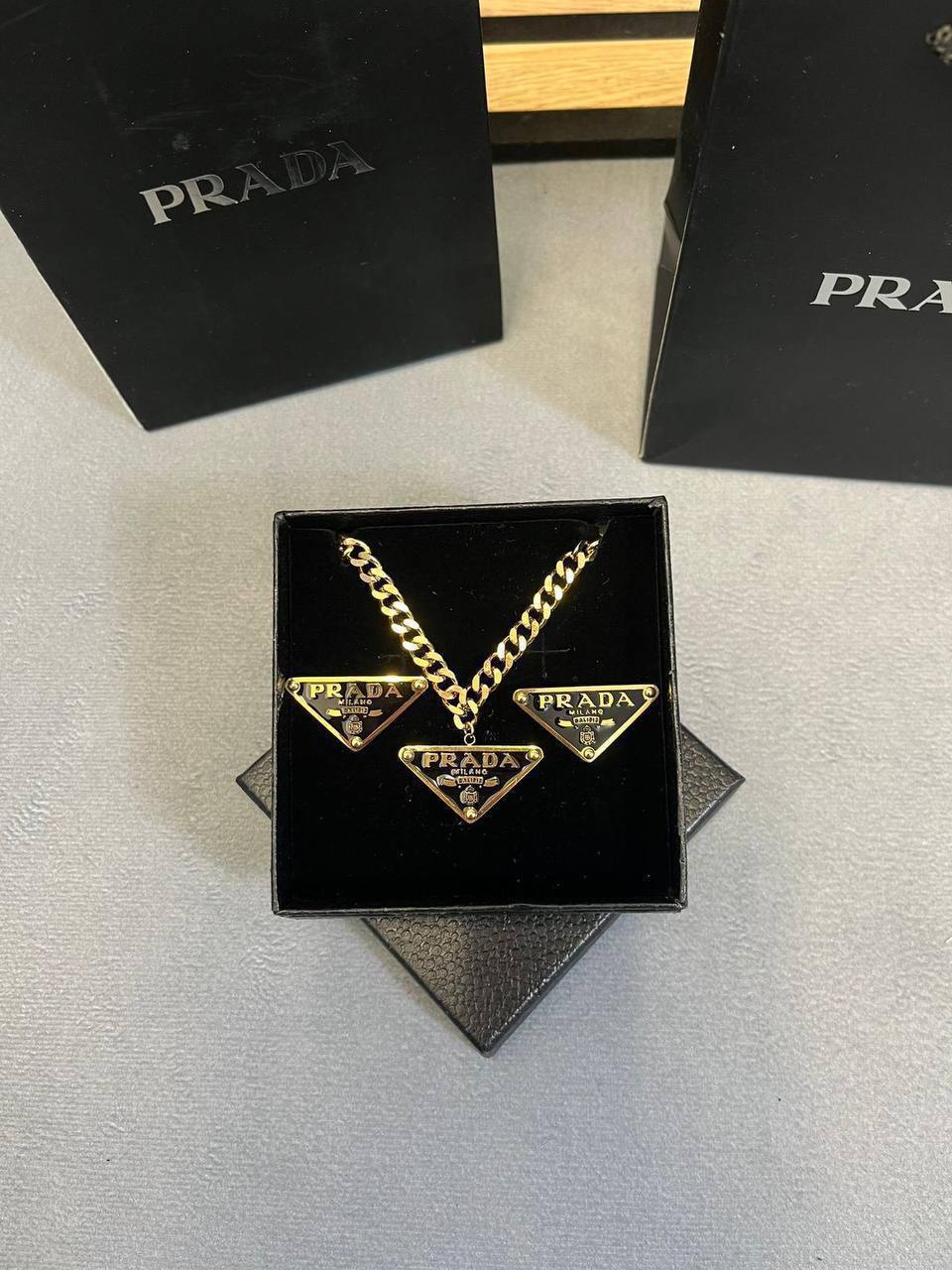 Prada Authentic Black Triangle Logo Fashion Necklaces & Earrings & Bracelets Sets Womens in 2 Color Best Sale UK Reps
