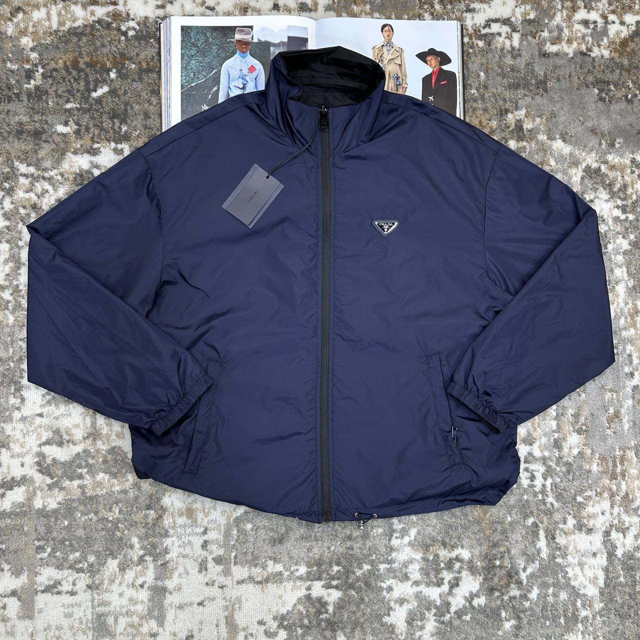 Prada Reversible Jacket Triangle Logo Mens in Black/Blue Color Best Sale UK Reps AAA Quality