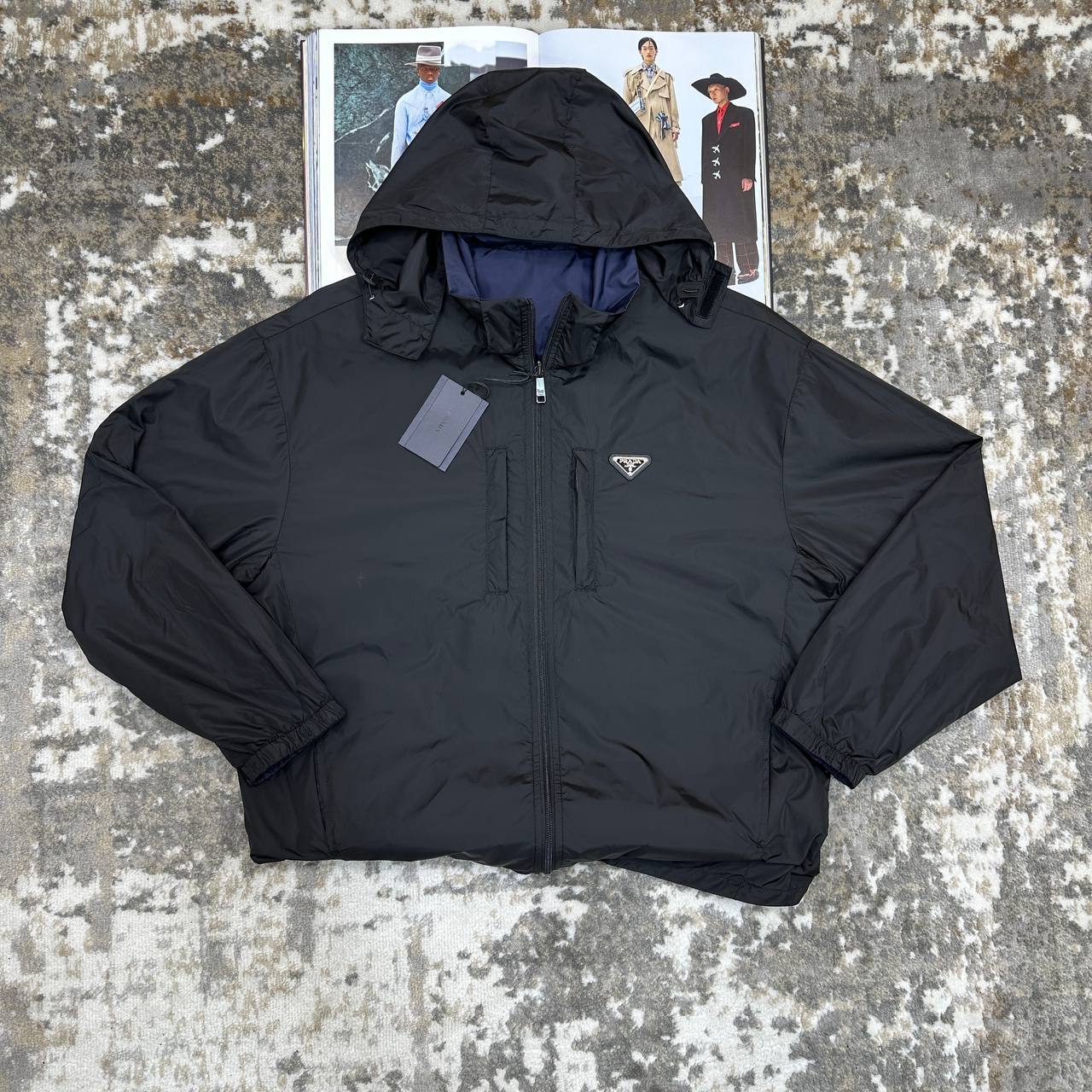 Prada Reversible Jacket Triangle Logo Mens in Black/Blue Color Best Sale UK Reps AAA Quality
