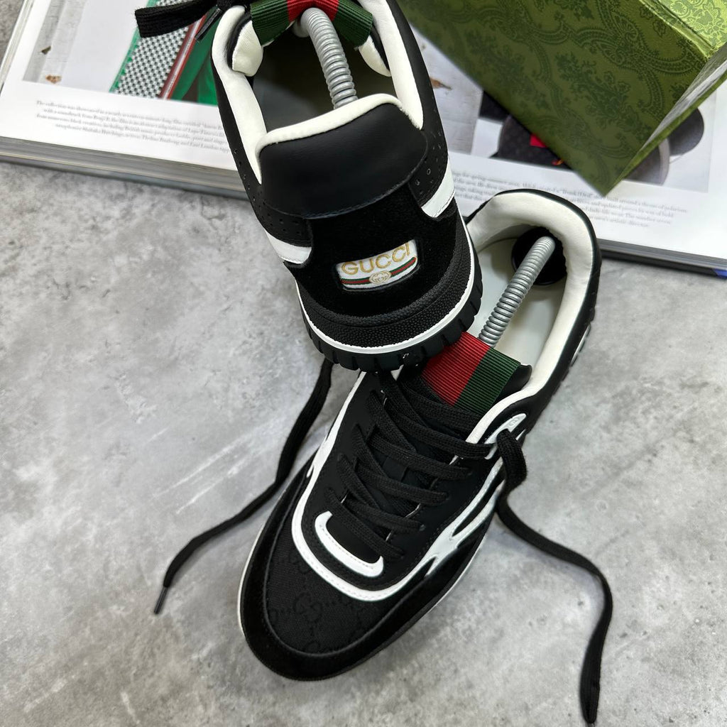 Gucci Re-Web GG Canvas Suede-Trimmed Trainers Mens in Black Color Best Sale UK Reps AAA Quality
