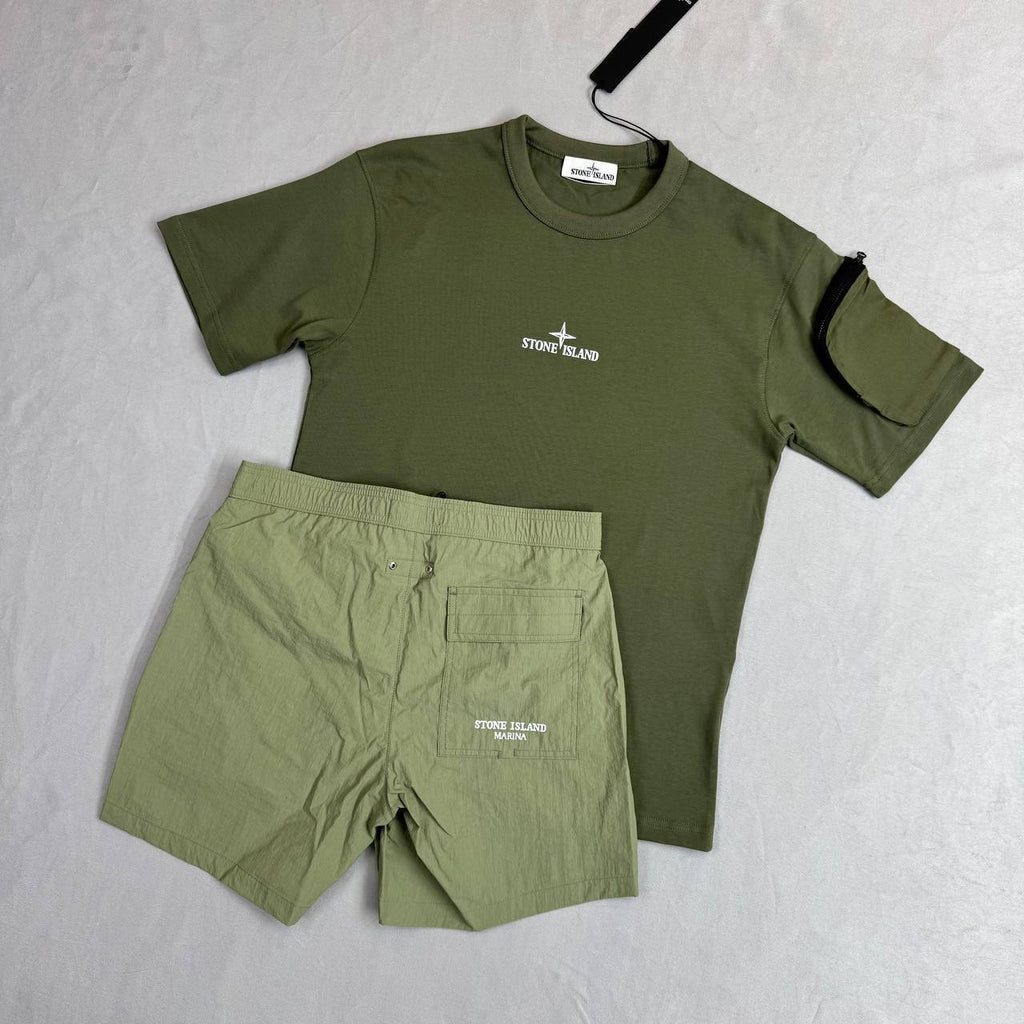 Stone Island Short Sleeve 'Camo One' Compass-print Cotton T-Shirts & Shorts Sets Men's UK Reps AAA Quality